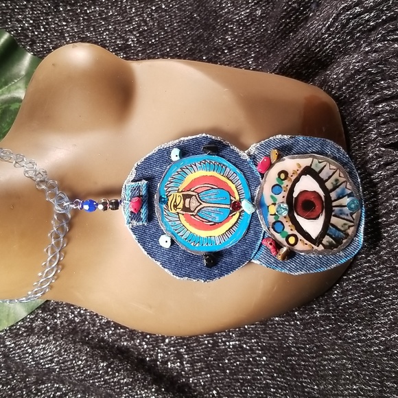 Ancient Egyptian scarab/brown denim fabric choker - Picture 4 of 8
